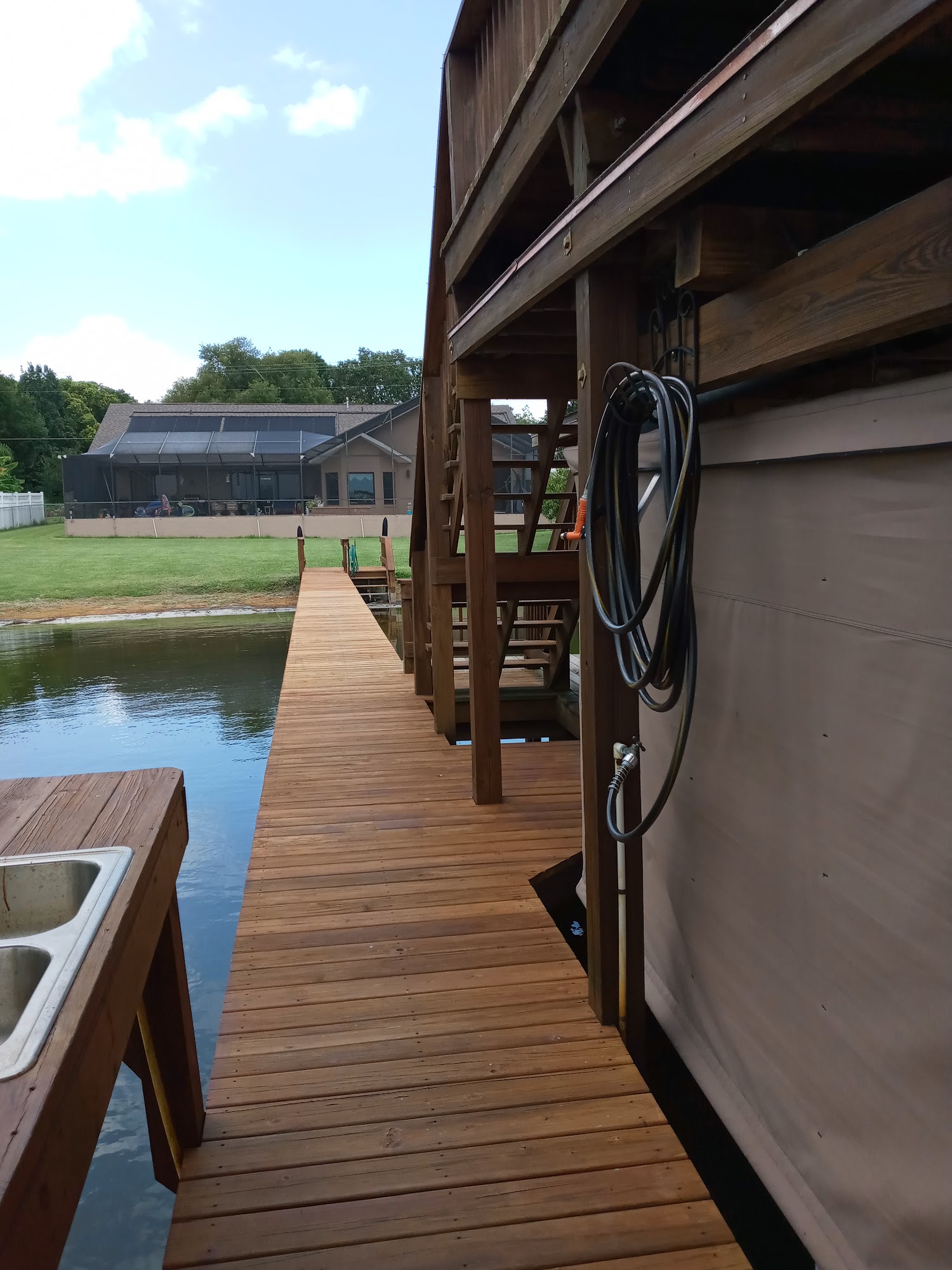 Finished dock beside a covered waterfront structure