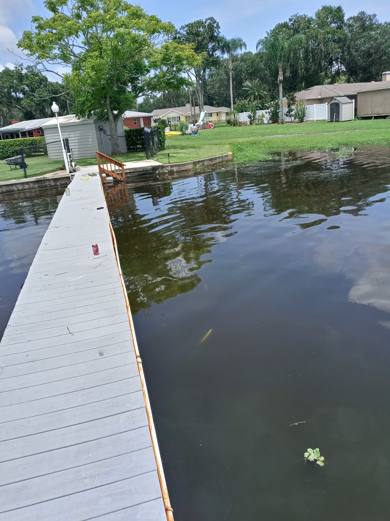 Bright white floating dock forming a wide V on calm water