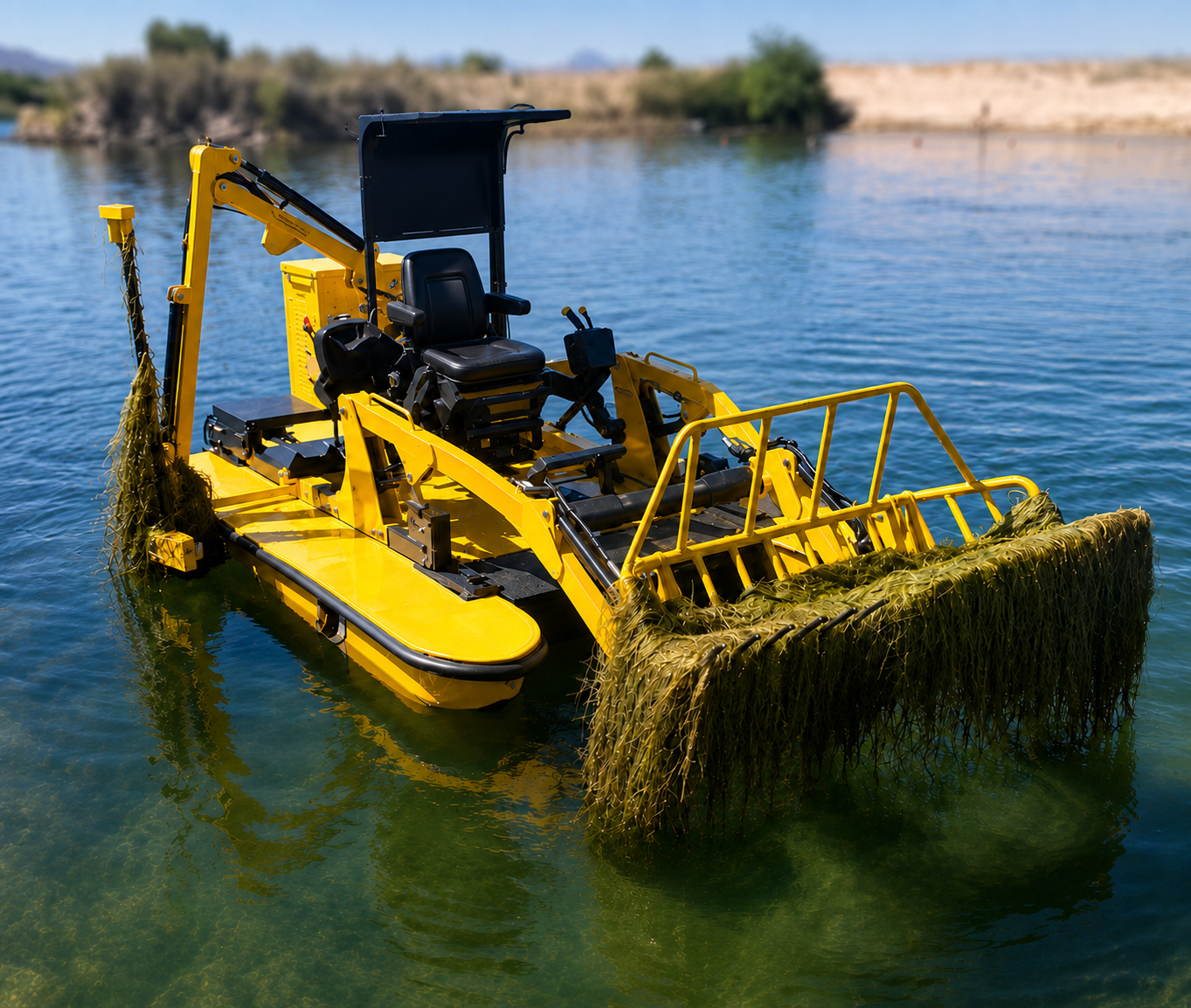 Yellow aquatic weed-removal vehicle collecting vegetation on a lake
